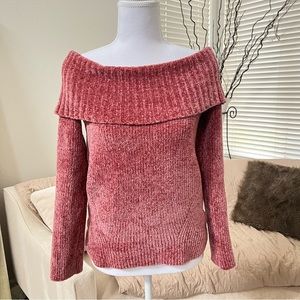 Fuzzy Fold Down Off the Shoulder Pink Long Sleeve Sweater